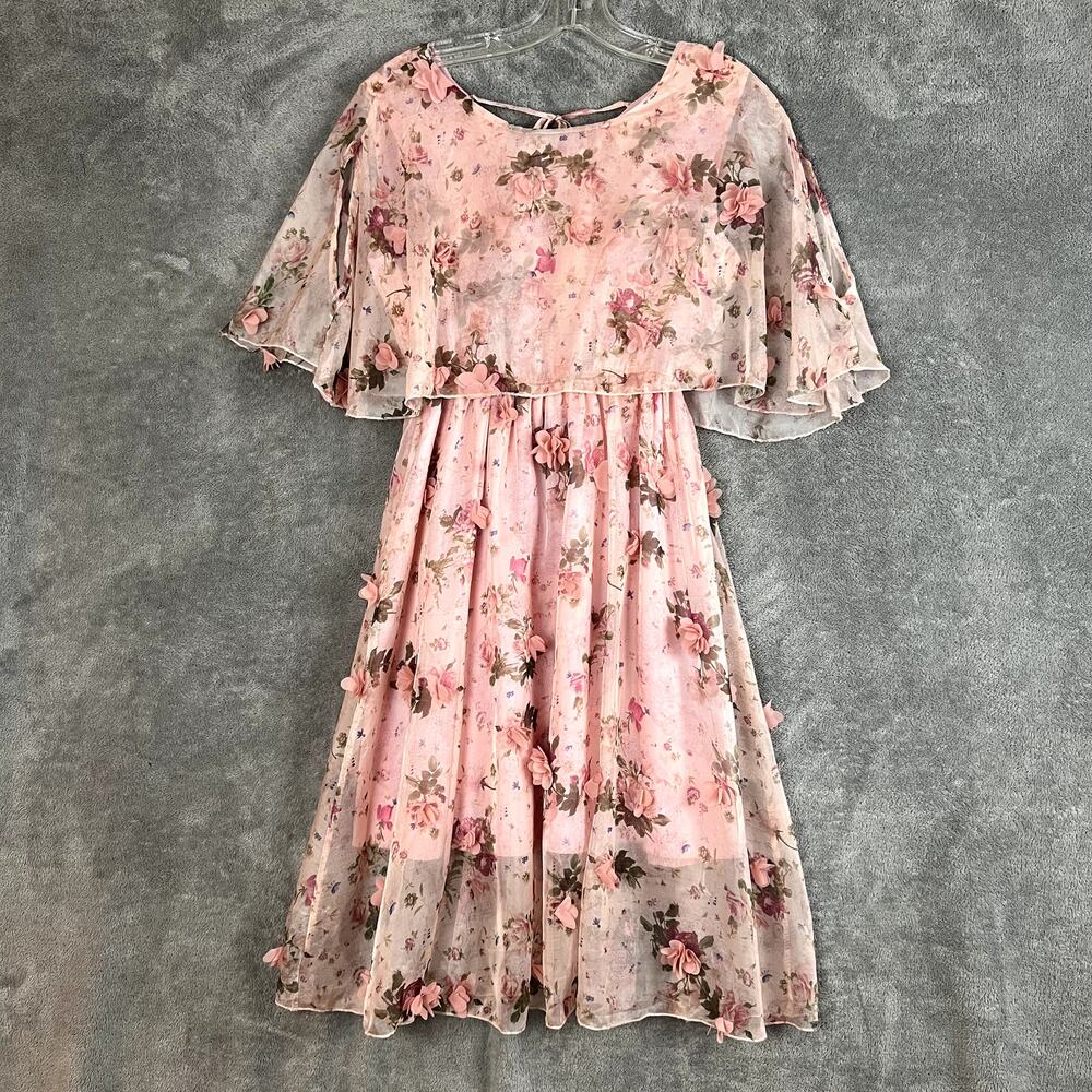 Aifeier Midi Dress Womens S Pink Floral Appliques‎ Chiffon Fairy Whimsical NWT